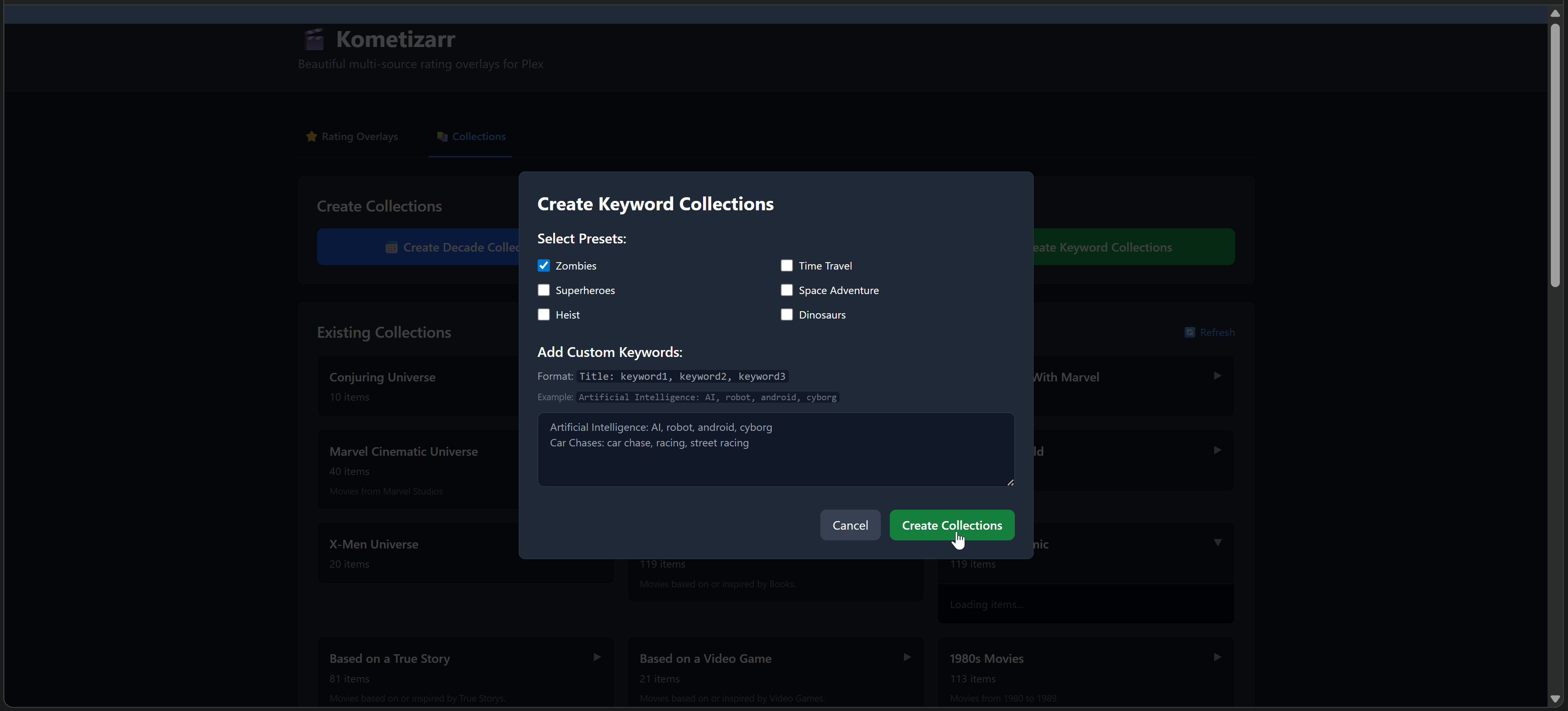 Kometizarr collection creation