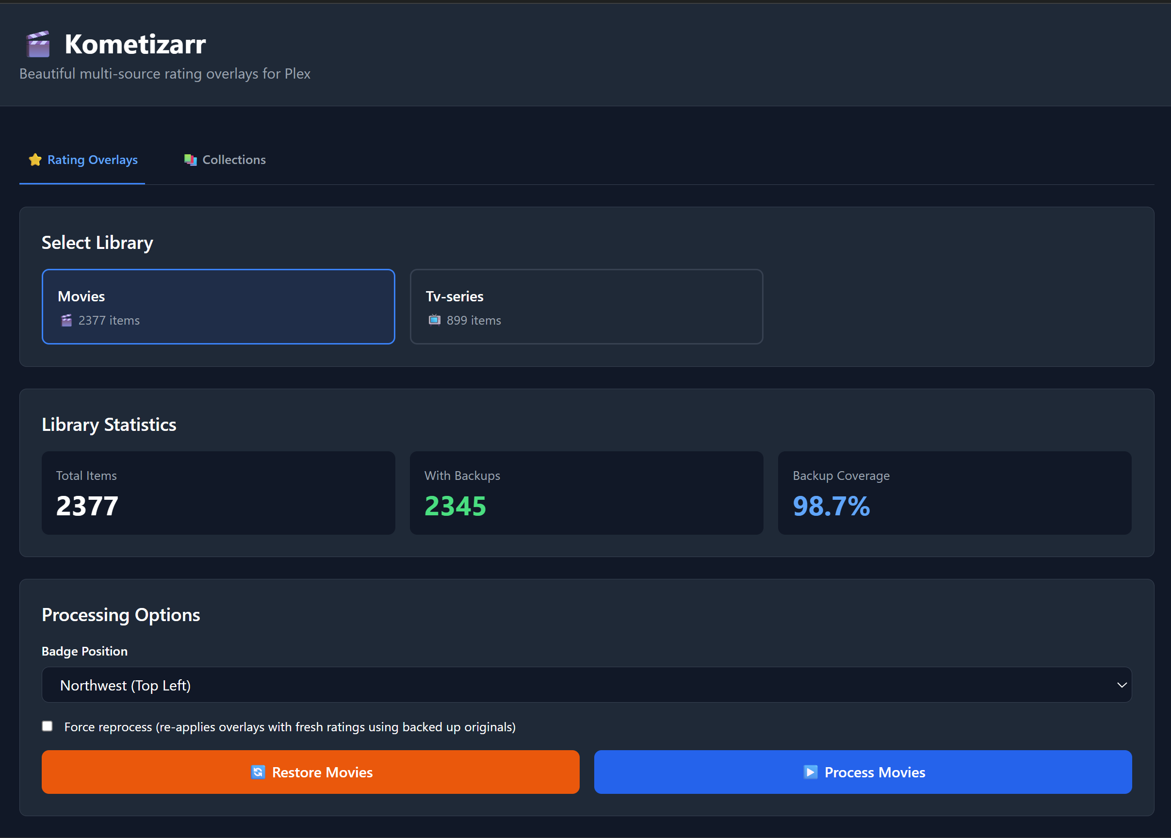 Kometizarr main dashboard