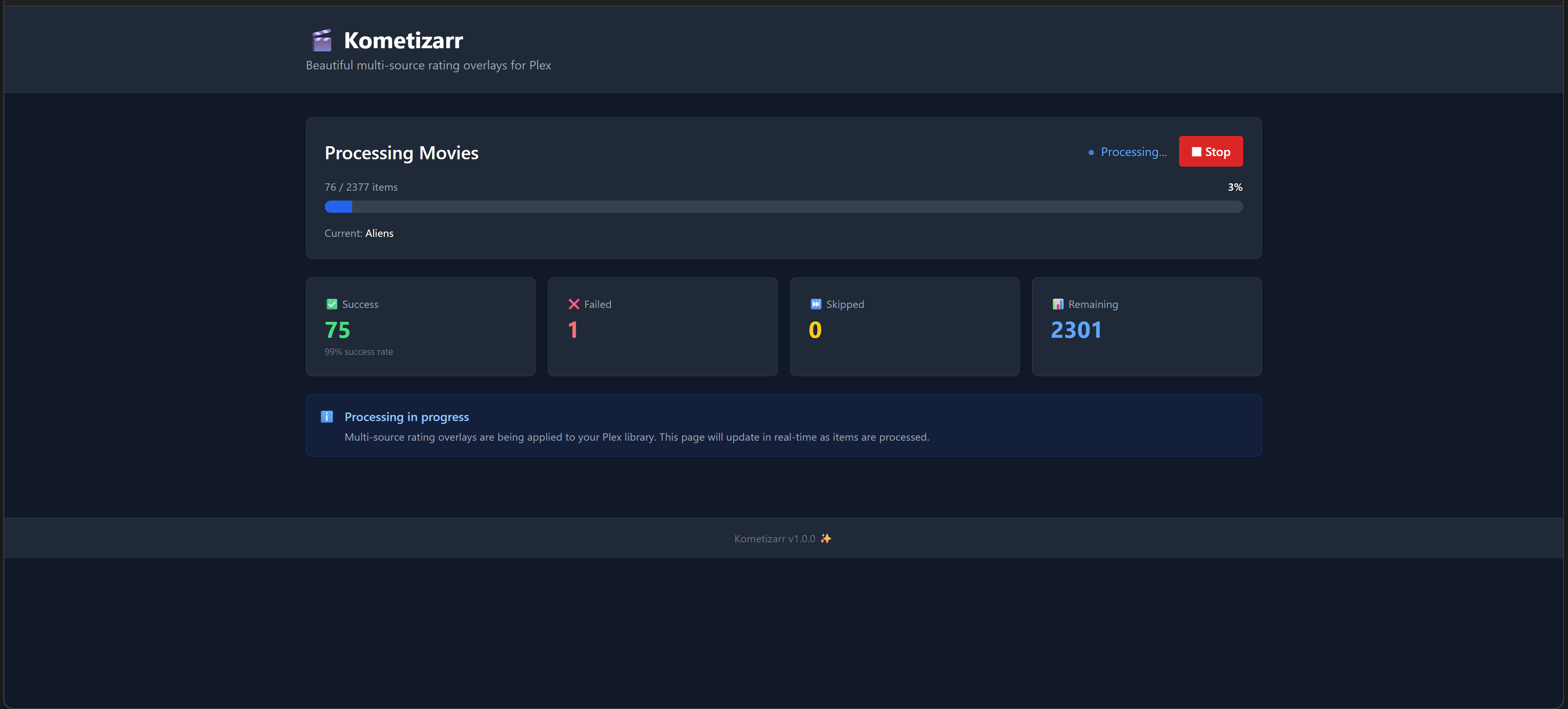 Kometizarr processing progress